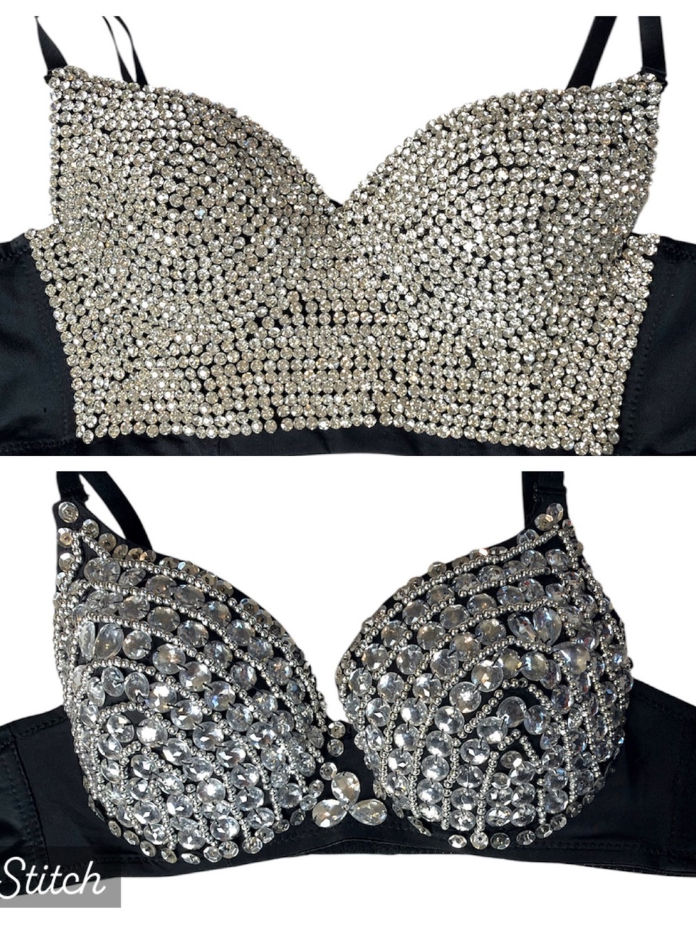 Two black clear crystal-embellished rhinestone bustiers/tops Women’s medium | dd